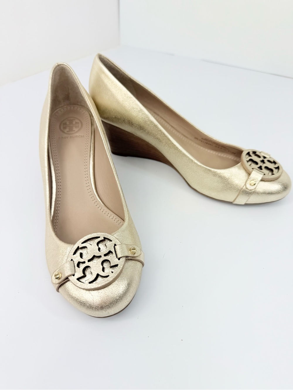 Tory Burch SALLY Gold Metallic Leather Medallion Logo Toe Slip On Wedge Pumps